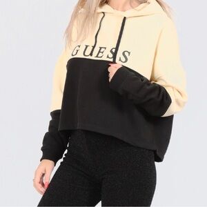 GUESS Cropped Sweater Top With Hood Cream/Black Sz Small